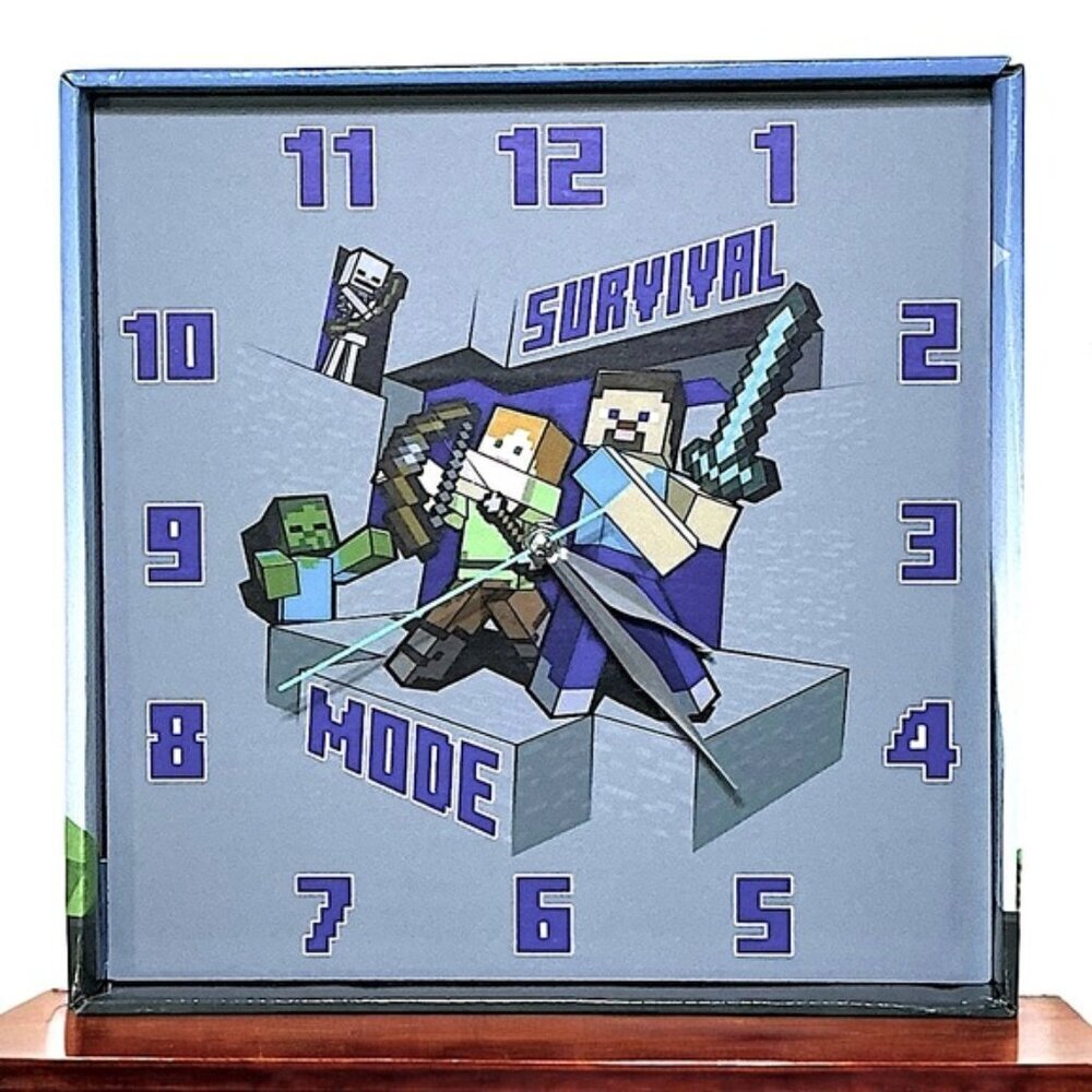 Minecraft Wall Clock Analog Quartz Battery Operate Gamer Gift 11 In Square Gray
